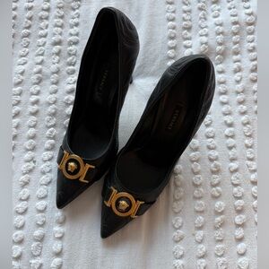 Versace Black Leather Pointed Toe Pumps with Gold Medusa Hardware